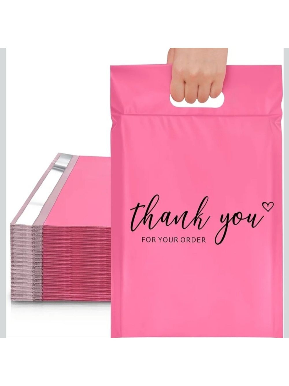'Thank you for your order' pink poly mailer with handle